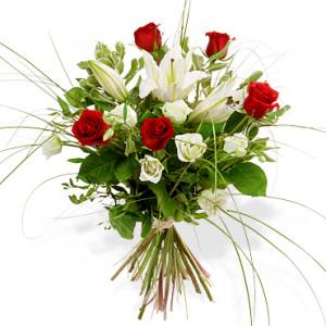 Red roses with white lillies – Fleuriste Boucherville, Boucherville PQ