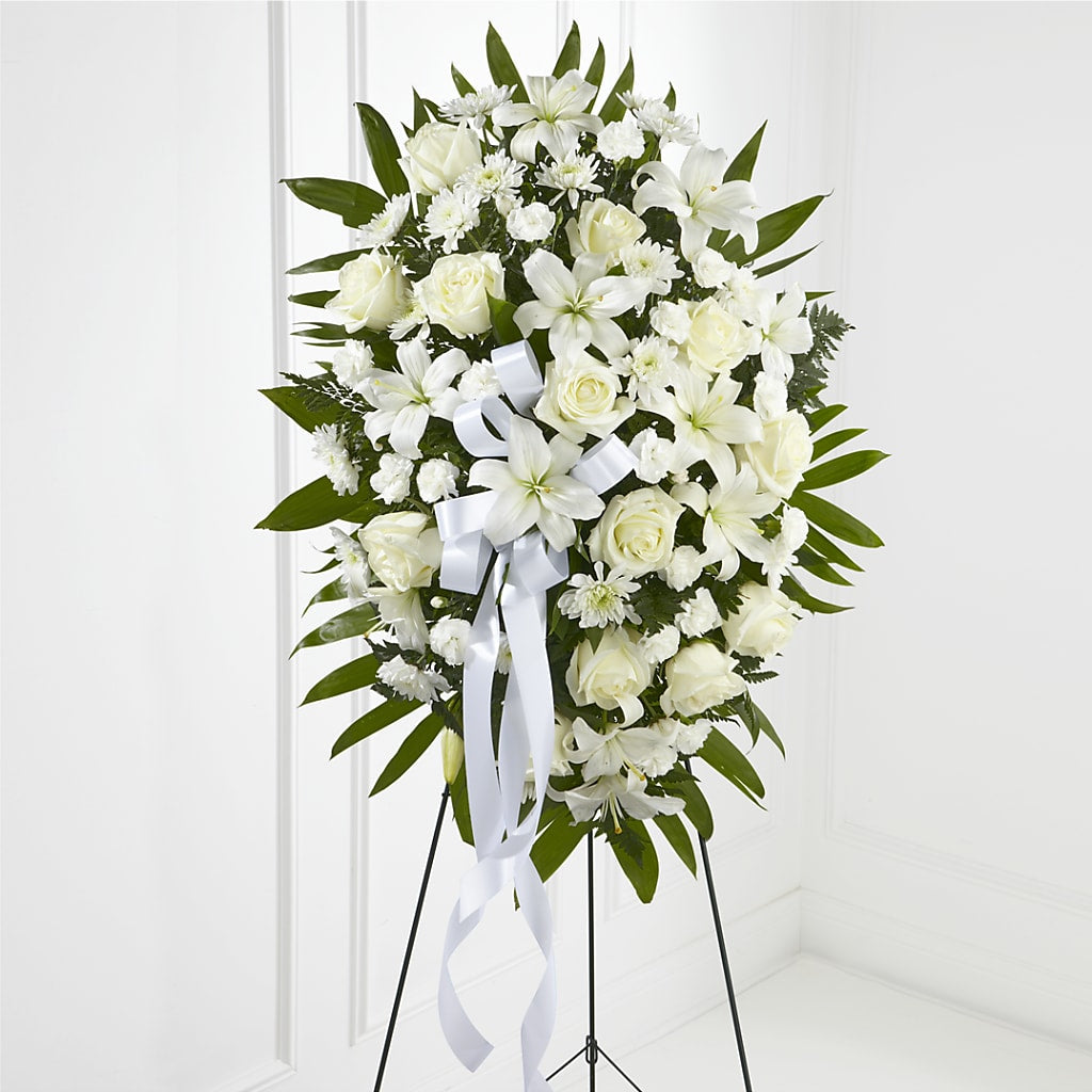 Exquisite Tribute Standing Spray-White Ribbon – Fleuriste Boucherville, Boucherville PQ