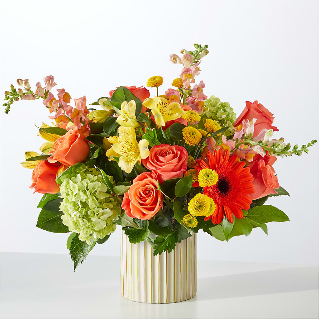 Autumn Sunshine Bouquet with Ivory Vase – Fleuriste Boucherville, Boucherville PQ