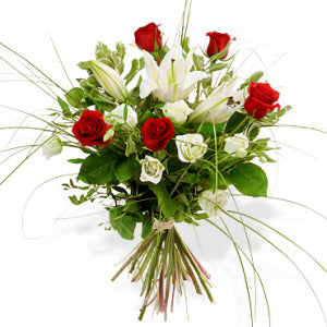 Red roses with white lillies